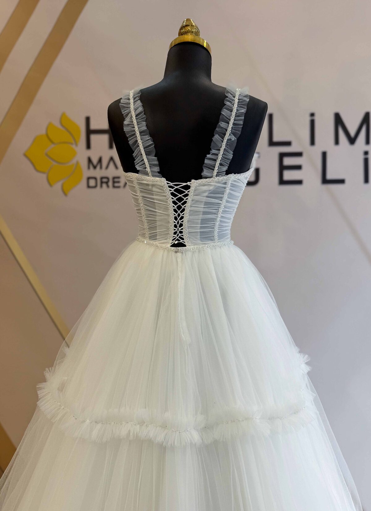 Strapless Draped Body Ruffle Skirt A Line Wedding Dress - Image 4