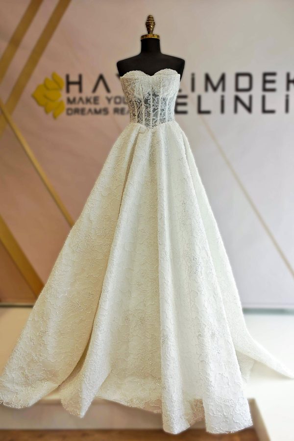 Transparan Staplez Beden İşlemeli Dantelli A Kesim Gelinlik