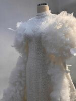 Long Sleeve Lez Lace Cape Detailed Hijab Slim Fit Mermaid Wedding Dress - Image 2