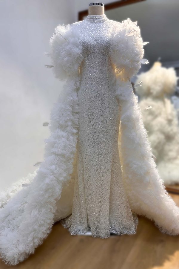 Uzun Kol Lez Dantel Pelerin Detayli Tesettur Dar Kesim Balik Gelinlik scaled | Home