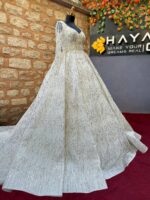 Long Sleeve V-Neck Complete Pearl and Crystal Embroidered A-Line Wedding Dress - Image 6