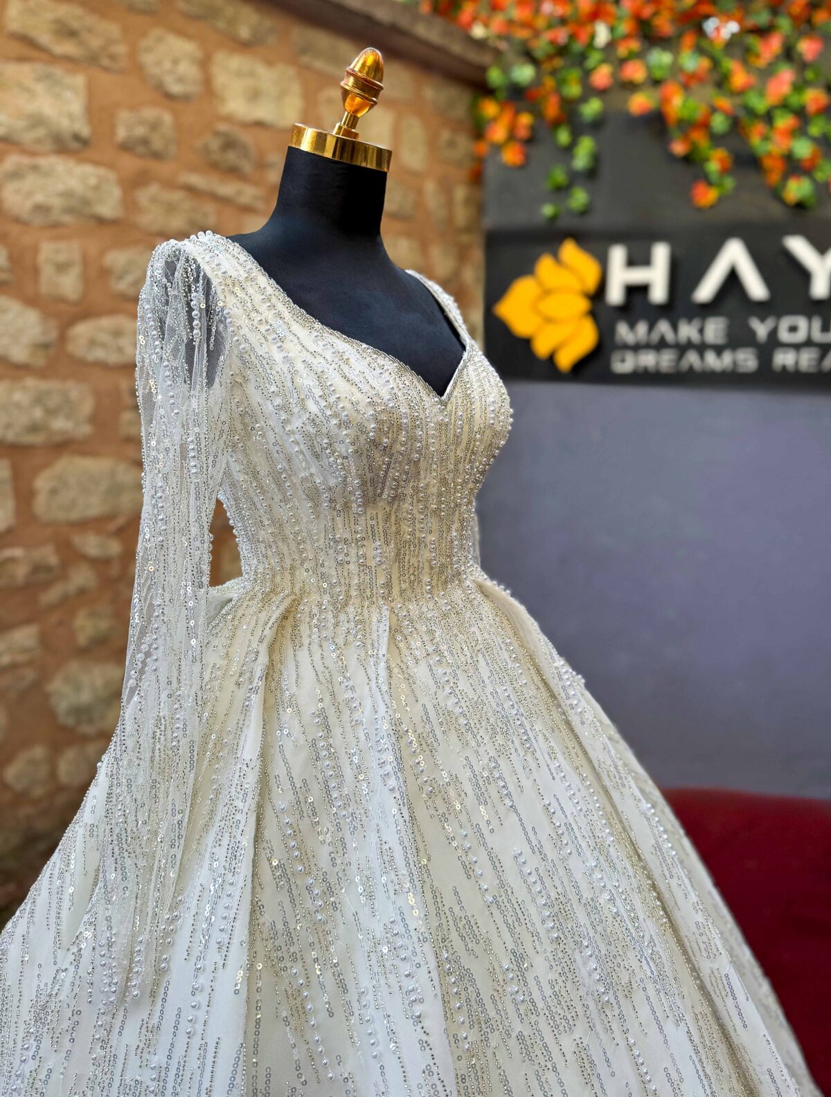 Long Sleeve V-Neck Complete Pearl and Crystal Embroidered A-Line Wedding Dress - Image 1