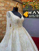 Long Sleeve V-Neck Complete Pearl and Crystal Embroidered A-Line Wedding Dress