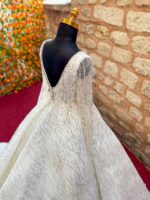 Long Sleeve V-Neck Complete Pearl and Crystal Embroidered A-Line Wedding Dress - Image 5