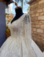 Long Sleeve V-Neck Complete Pearl and Crystal Embroidered A-Line Wedding Dress - Image 4
