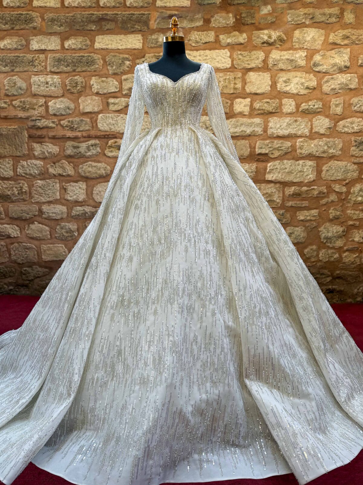 Long Sleeve V-Neck Complete Pearl and Crystal Embroidered A-Line Wedding Dress - Image 3