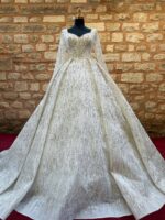 Long Sleeve V-Neck Complete Pearl and Crystal Embroidered A-Line Wedding Dress - Image 3