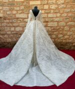 Long Sleeve V-Neck Complete Pearl and Crystal Embroidered A-Line Wedding Dress - Image 2