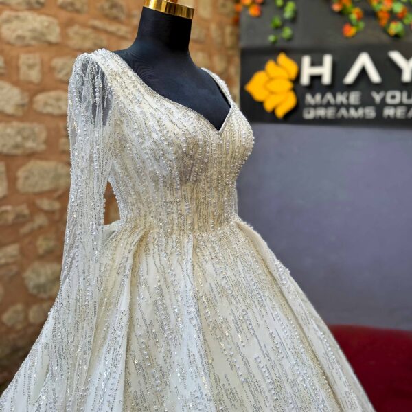 Long Sleeve V-Neck Complete Pearl and Crystal Embroidered A-Line Wedding Dress